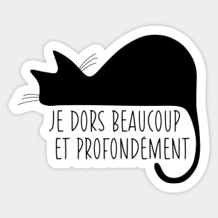 Sleeping black cat silhouette with French text "Je dors beaucoup" Sticker